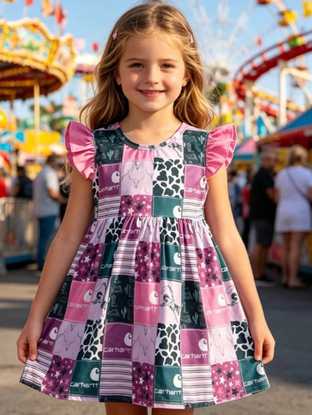 Carhartt Pink & Dark Green Patchwork Flutter-Sleeve Dress